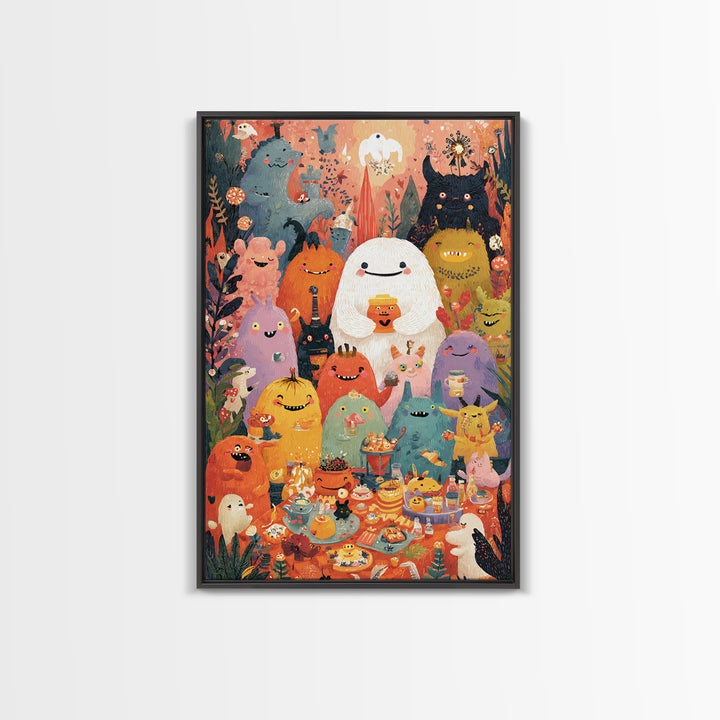 The Monster Friendship Picnic, Folk Halloween Art, Vertical Wall Art, Canvas Print, Cute Halloween Wall Art