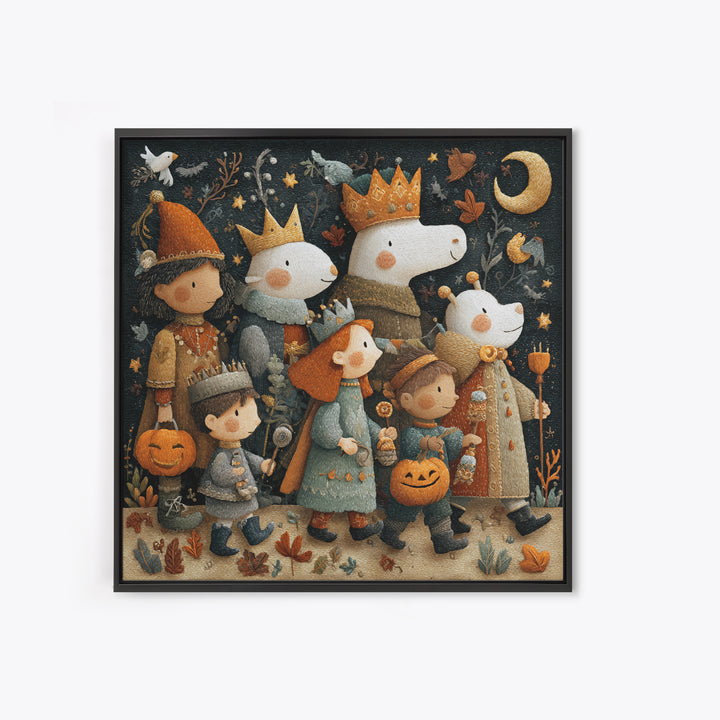 The Costume Parade, Embroidered Halloween Art, Square Wall Art, Canvas Print, Cute Halloween Wall Art