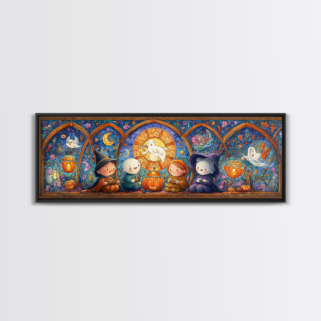 The Halloween Story Circle, Stained Glass Halloween, Extra Wide Wall Art, Canvas Print, Cute Halloween Wall Art