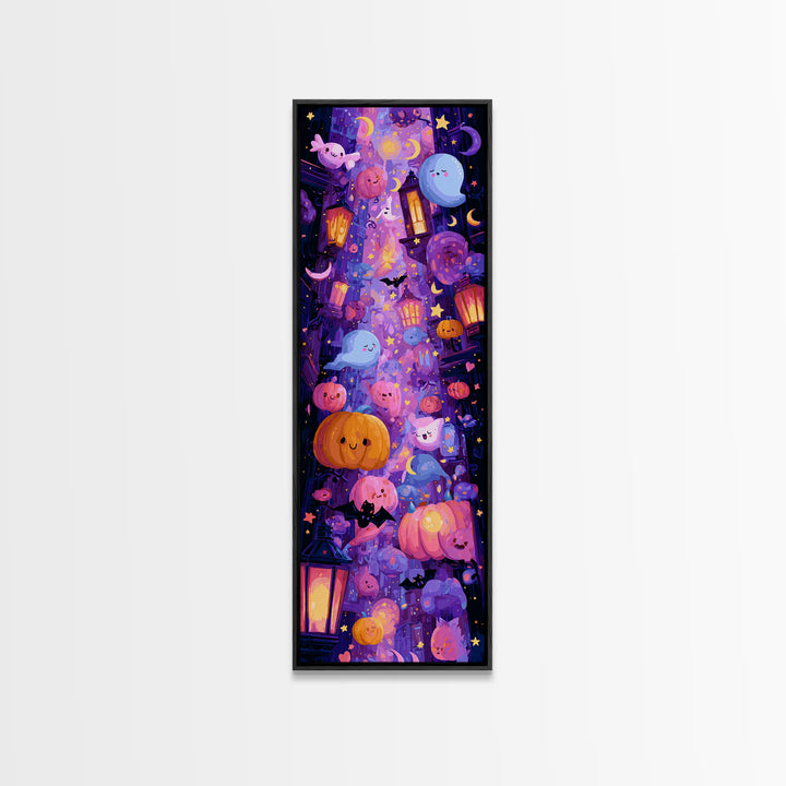 The Moonlight Dance Party, Vaporwave Halloween Art, Tall Narrow Wall Art, Framed Canvas Print, Cute Halloween Wall Art