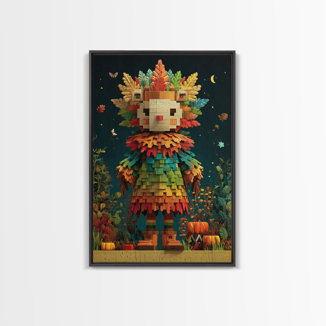 The Autumn Leaf Costume Contest, Pixel Halloween Art, Vertical Wall Art, Canvas Print, Cute Halloween Wall Art