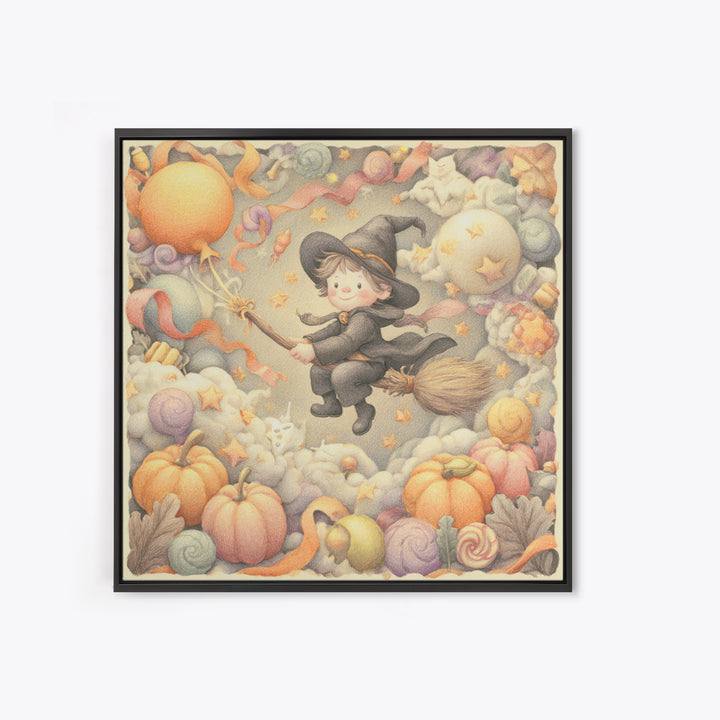 The Broomstick Obstacle Course, Hand Sketch Halloween Art, Square Wall Art, Canvas Print, Cute Halloween Wall Art