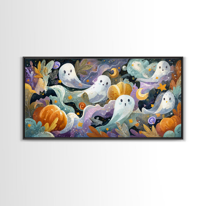 The Halloween Craft Table, Watercolor Halloween Art, Wide Panoramic Art, Framed Canvas Print, Cute Halloween Wall Art