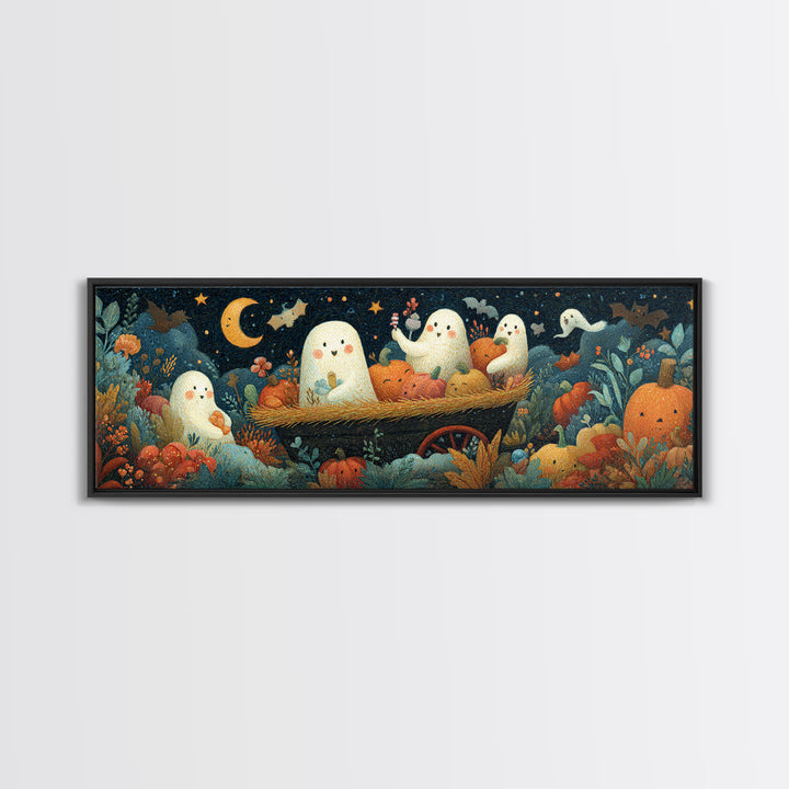 The Friendly Haunted Hayride, Gouache Halloween Art, Extra Wide Wall Art, Canvas Print, Cute Halloween Wall Art
