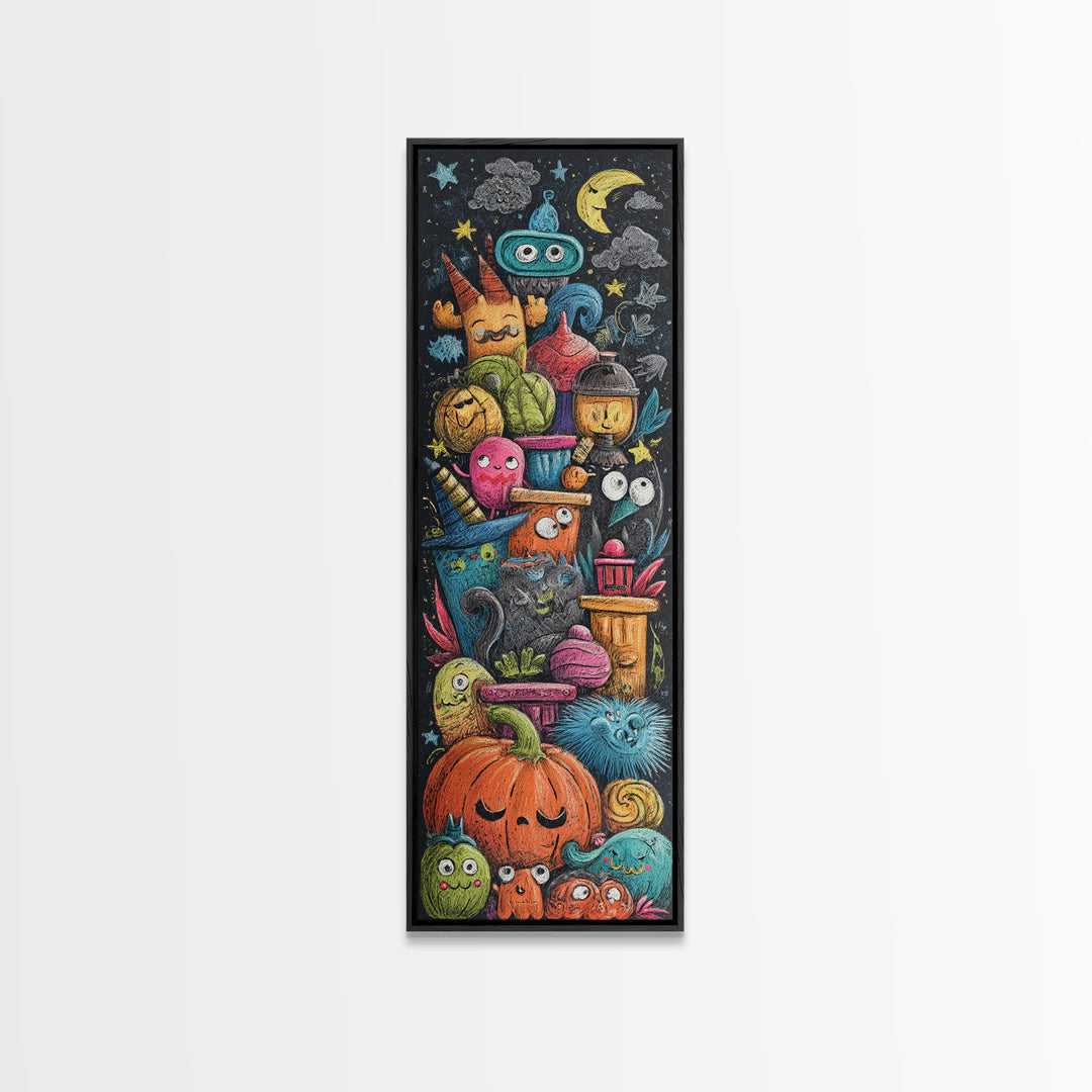 The Costume Photo Booth, Crayon Halloween Art, Tall Narrow Wall Art, Framed Canvas Print, Cute Halloween Wall Art