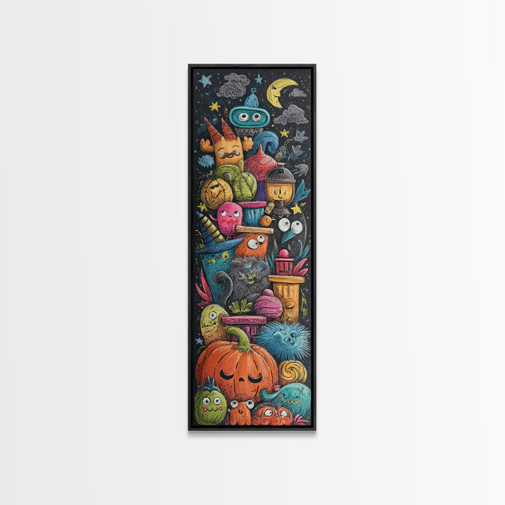 The Costume Photo Booth, Crayon Halloween Art, Tall Narrow Wall Art, Framed Canvas Print, Cute Halloween Wall Art