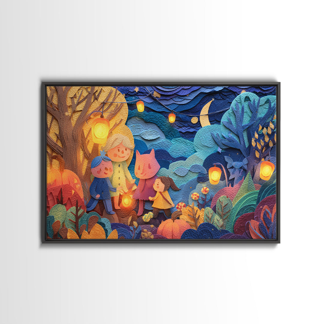 The Lantern-Making Festival, Paper Collage Halloween, Landscape Wall Art, Framed Canvas Print, Cute Halloween Wall Art