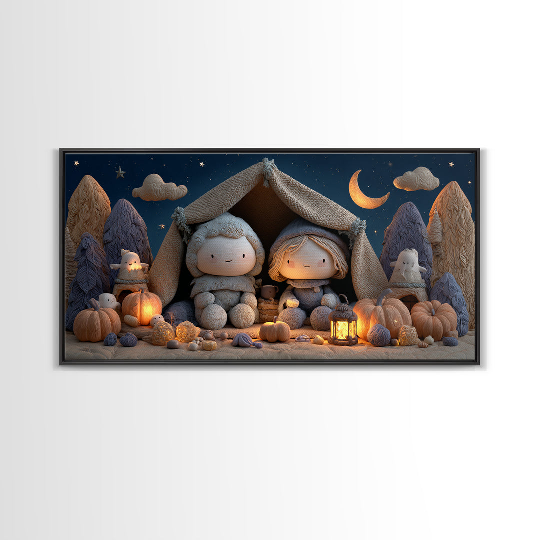 The Halloween Sleepover, Clay Halloween Art, Wide Panoramic Art, Framed Canvas Print, Cute Halloween Wall Art