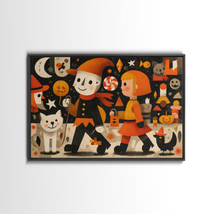The Halloween Pet Parade, Screenprint Halloween Art, Landscape Wall Art, Framed Canvas Print, Cute Halloween Wall Art