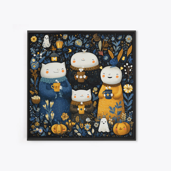 The Midnight Cocoa Party, Folk Halloween Art, Square Wall Art, Canvas Print, Cute Halloween Wall Art