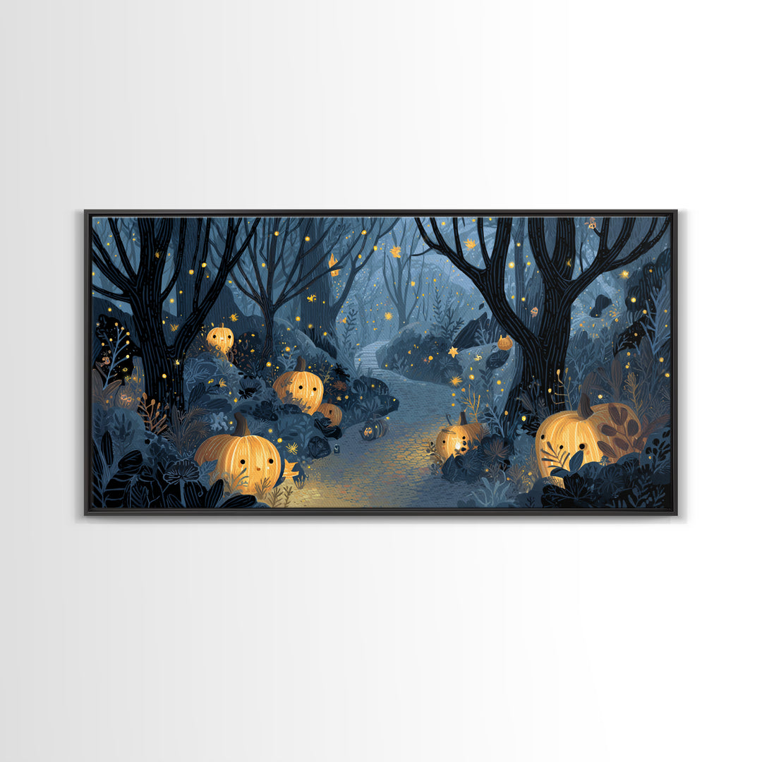 The Firefly Lantern Forest, Linocut Halloween Art, Wide Panoramic Art, Framed Canvas Print, Cute Halloween Wall Art
