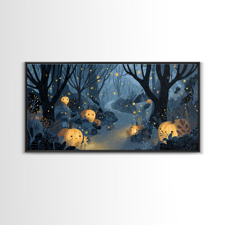 The Firefly Lantern Forest, Linocut Halloween Art, Wide Panoramic Art, Framed Canvas Print, Cute Halloween Wall Art
