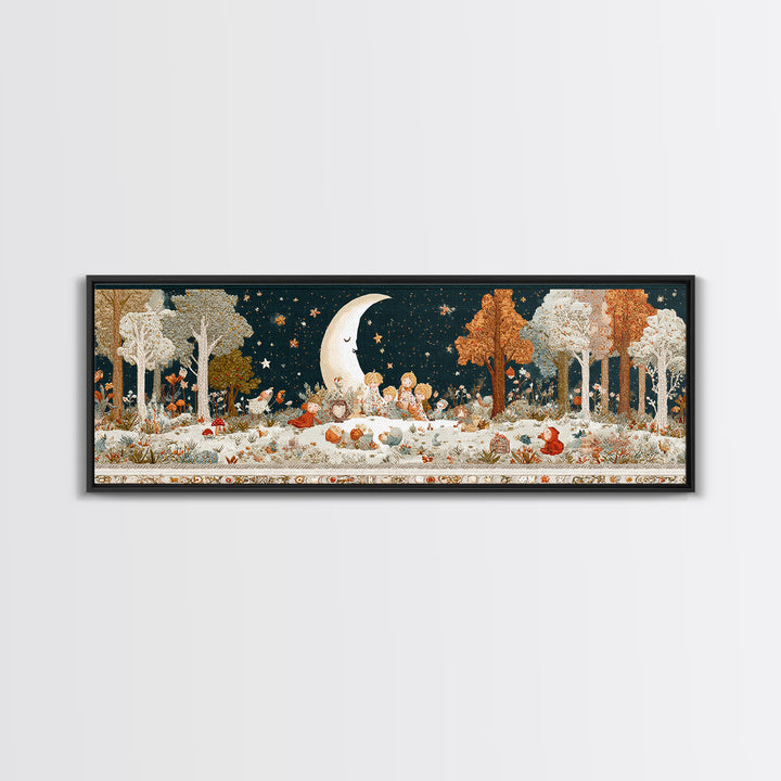 The Smiling Moon Meadow, Embroidered Halloween Art, Extra Wide Wall Art, Canvas Print, Cute Halloween Wall Art
