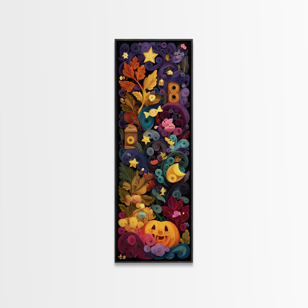 The Dancing Autumn Leaves, Quilled Halloween Art, Tall Narrow Wall Art, Framed Canvas Print, Cute Halloween Wall Art
