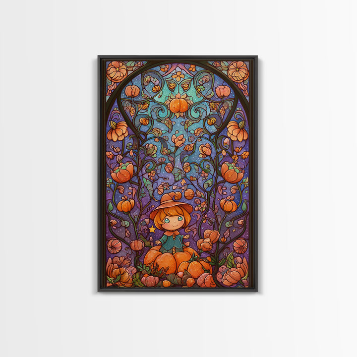 The Pumpkin Flower Garden, Stained Glass Halloween, Vertical Wall Art, Canvas Print, Cute Halloween Wall Art