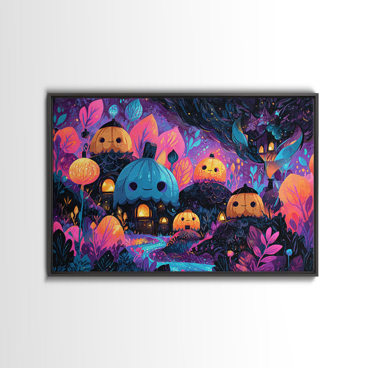 The Moonlit Acorn Village, Vaporwave Halloween Art, Landscape Wall Art, Framed Canvas Print, Cute Halloween Wall Art