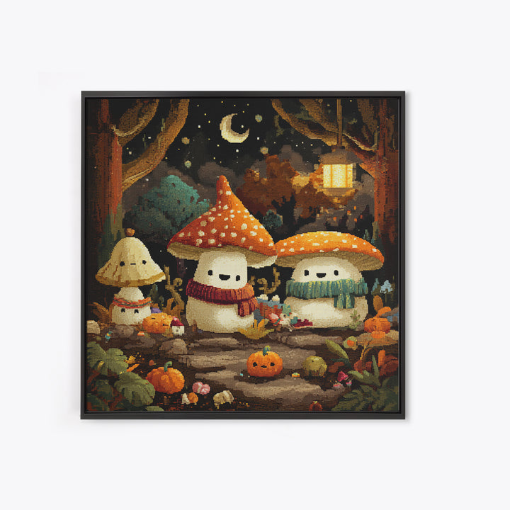 The Friendly Mushroom Forest, Pixel Halloween Art, Square Wall Art, Canvas Print, Cute Halloween Wall Art