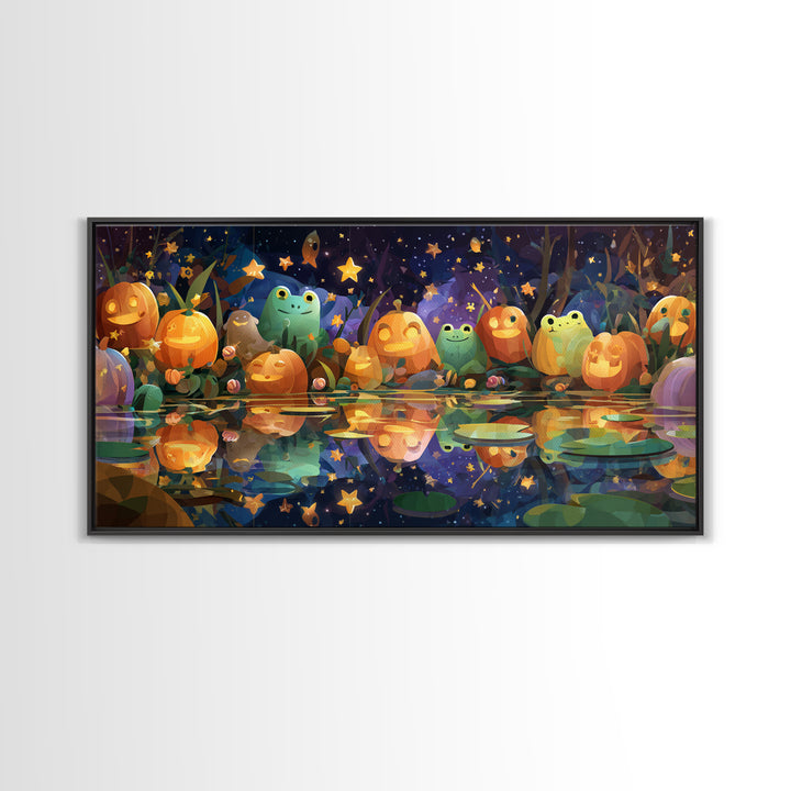 The Star-Filled Pumpkin Pond, Vector Halloween Art, Wide Panoramic Art, Framed Canvas Print, Cute Halloween Wall Art