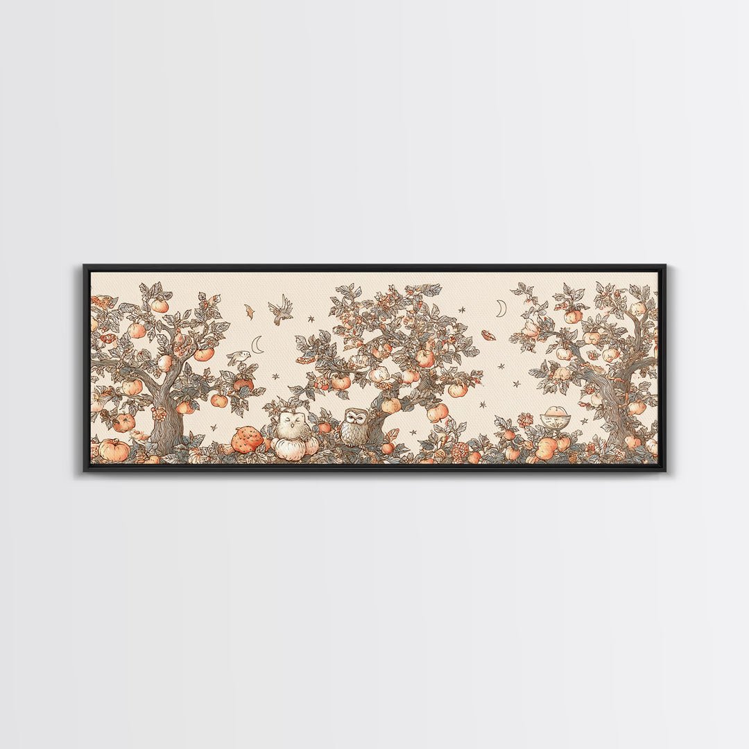 The Sleepy Owl Orchard, Hand Sketch Halloween Art, Extra Wide Wall Art, Canvas Print, Cute Halloween Wall Art