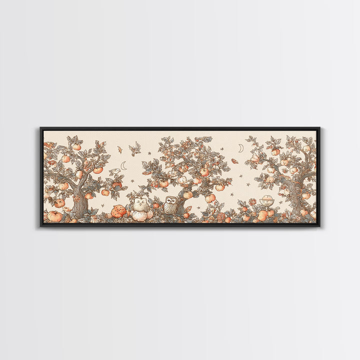 The Sleepy Owl Orchard, Hand Sketch Halloween Art, Extra Wide Wall Art, Canvas Print, Cute Halloween Wall Art