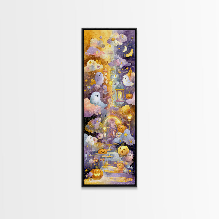 The Rainbow After The Halloween Rain, Watercolor Halloween Art, Tall Narrow Wall Art, Framed Canvas Print, Cute Halloween Wall Art