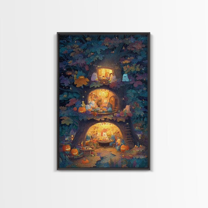 The Cozy Hollow Tree, Gouache Halloween Art, Vertical Wall Art, Canvas Print, Cute Halloween Wall Art