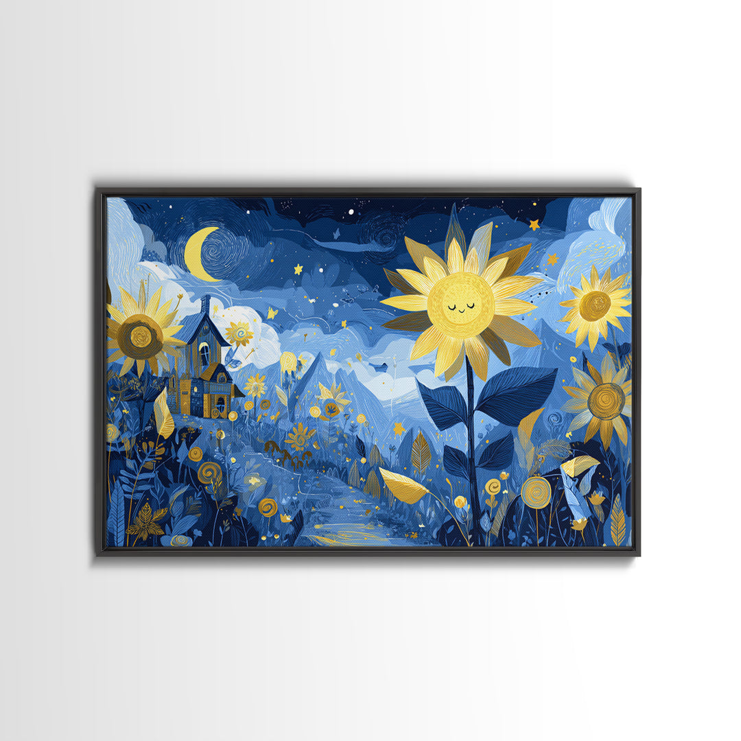 The Singing Sunflowers At Midnight, Crayon Halloween Art, Landscape Wall Art, Framed Canvas Print, Cute Halloween Wall Art