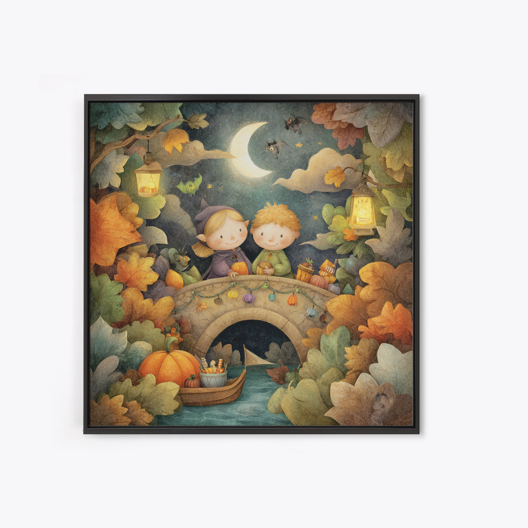 The Autumn Fairy Bridge, Pastel Halloween Art, Square Wall Art, Canvas Print, Cute Halloween Wall Art