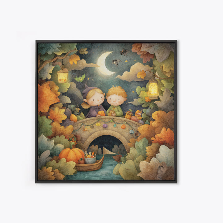The Autumn Fairy Bridge, Pastel Halloween Art, Square Wall Art, Canvas Print, Cute Halloween Wall Art