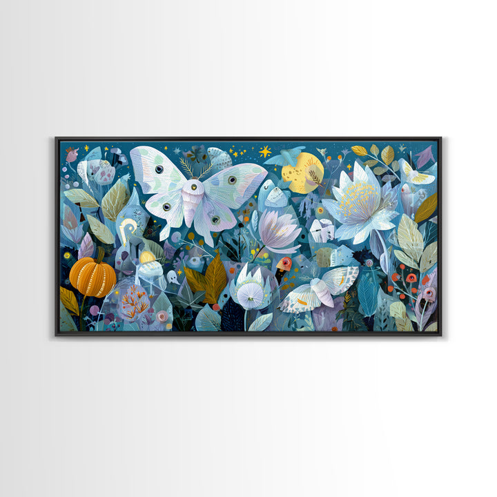 The Moon-Moth Garden, Paper Collage Halloween, Wide Panoramic Art, Framed Canvas Print, Cute Halloween Wall Art