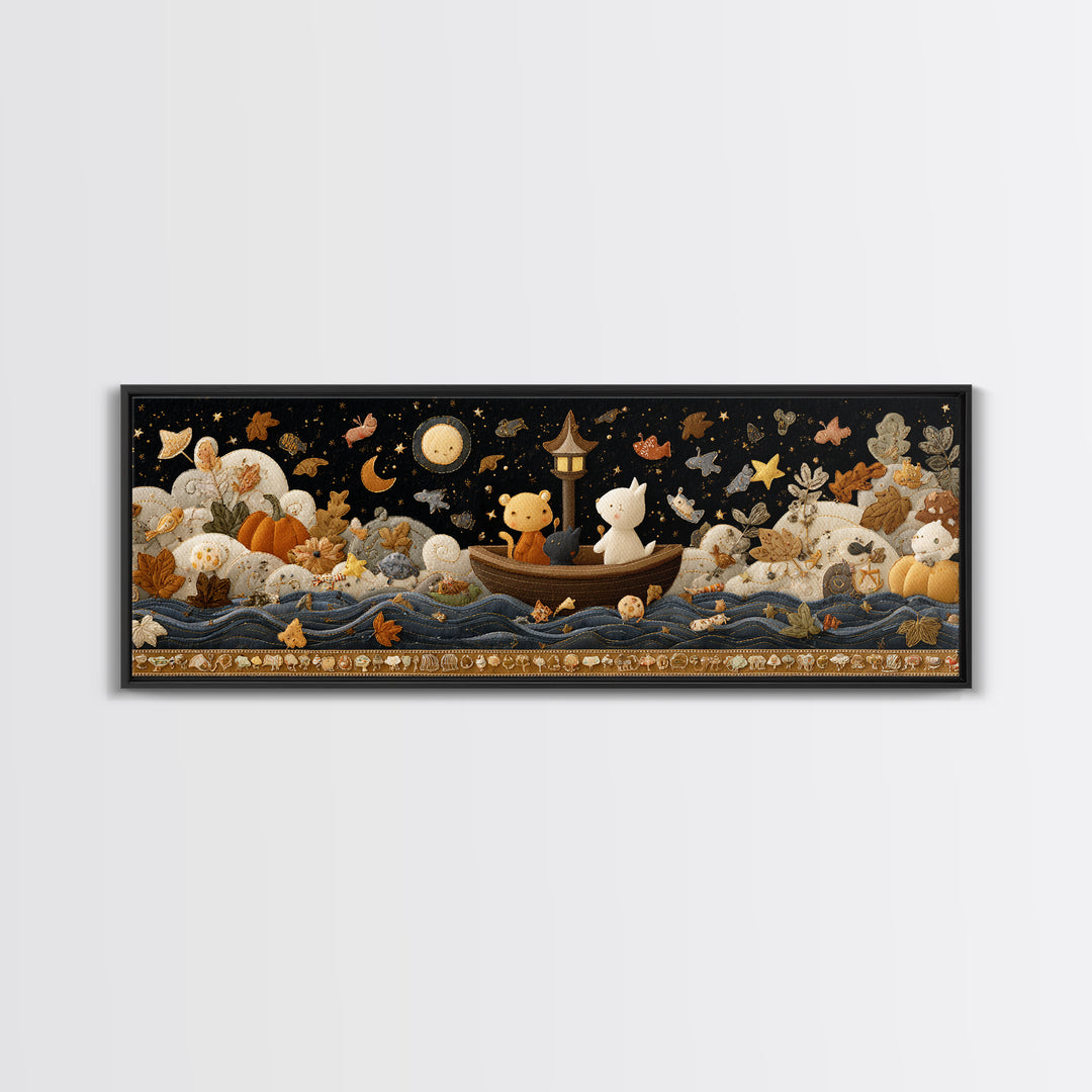 The Golden Leaf River, Felt Halloween Art, Extra Wide Wall Art, Canvas Print, Cute Halloween Wall Art