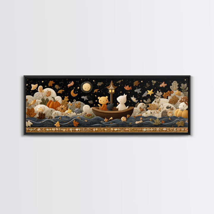 The Golden Leaf River, Felt Halloween Art, Extra Wide Wall Art, Canvas Print, Cute Halloween Wall Art