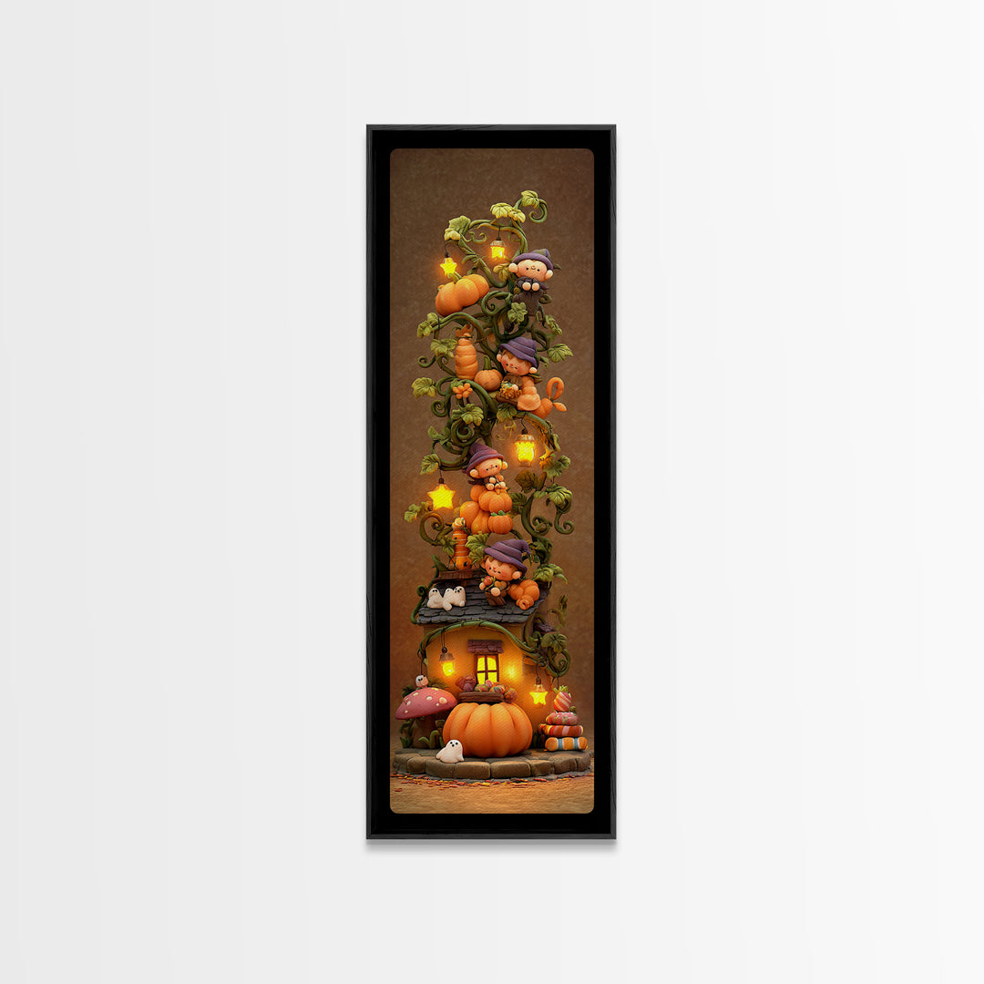 The Pumpkin Vine Swing, Clay Halloween Art, Tall Narrow Wall Art, Framed Canvas Print, Cute Halloween Wall Art