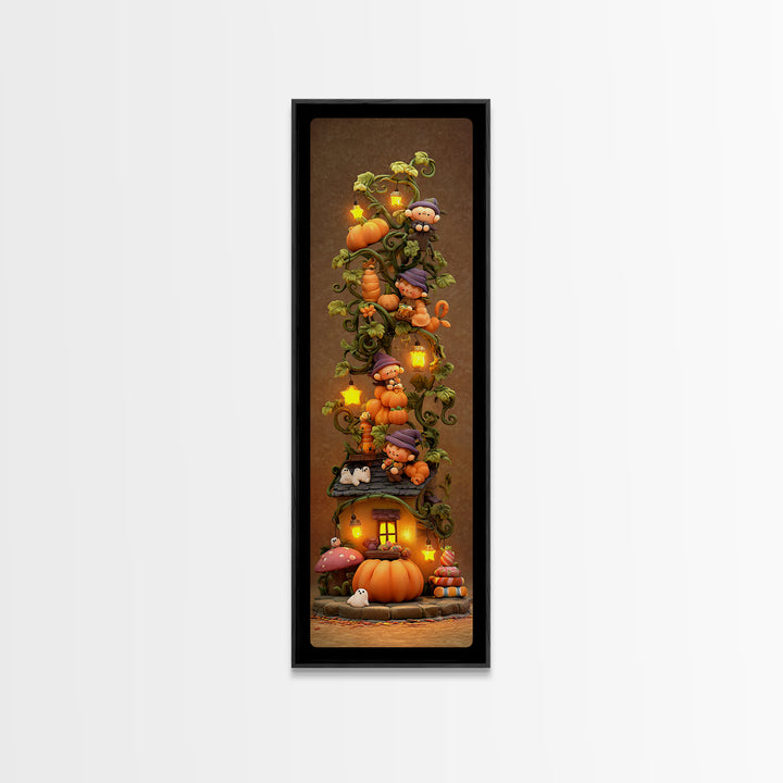 The Pumpkin Vine Swing, Clay Halloween Art, Tall Narrow Wall Art, Framed Canvas Print, Cute Halloween Wall Art