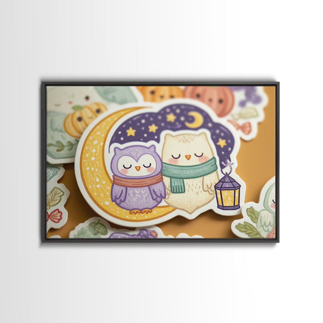 The Owl And The Crescent Moon, Kawaii Halloween Art, Landscape Wall Art, Framed Canvas Print, Cute Halloween Wall Art