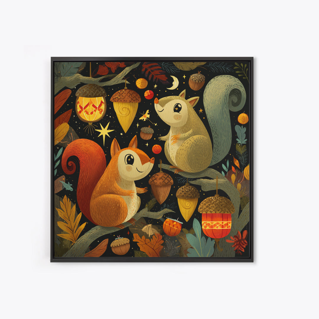 The Acorn Lantern Festival, Retro Halloween Art, Square Wall Art, Canvas Print, Cute Halloween Wall Art