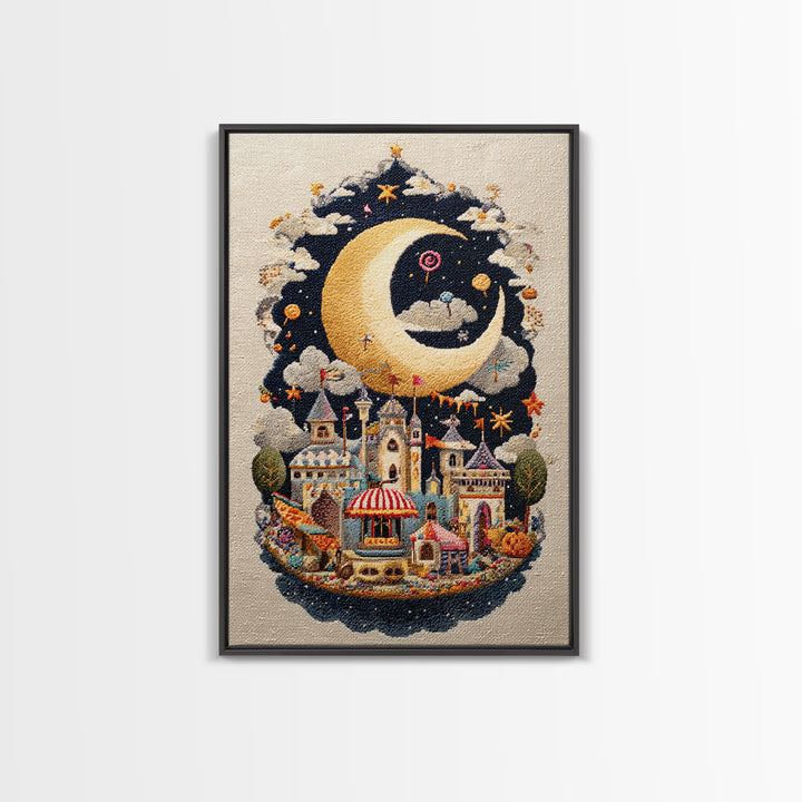 The Tiny Moon Carnival, Embroidered Halloween Art, Vertical Wall Art, Canvas Print, Cute Halloween Wall Art