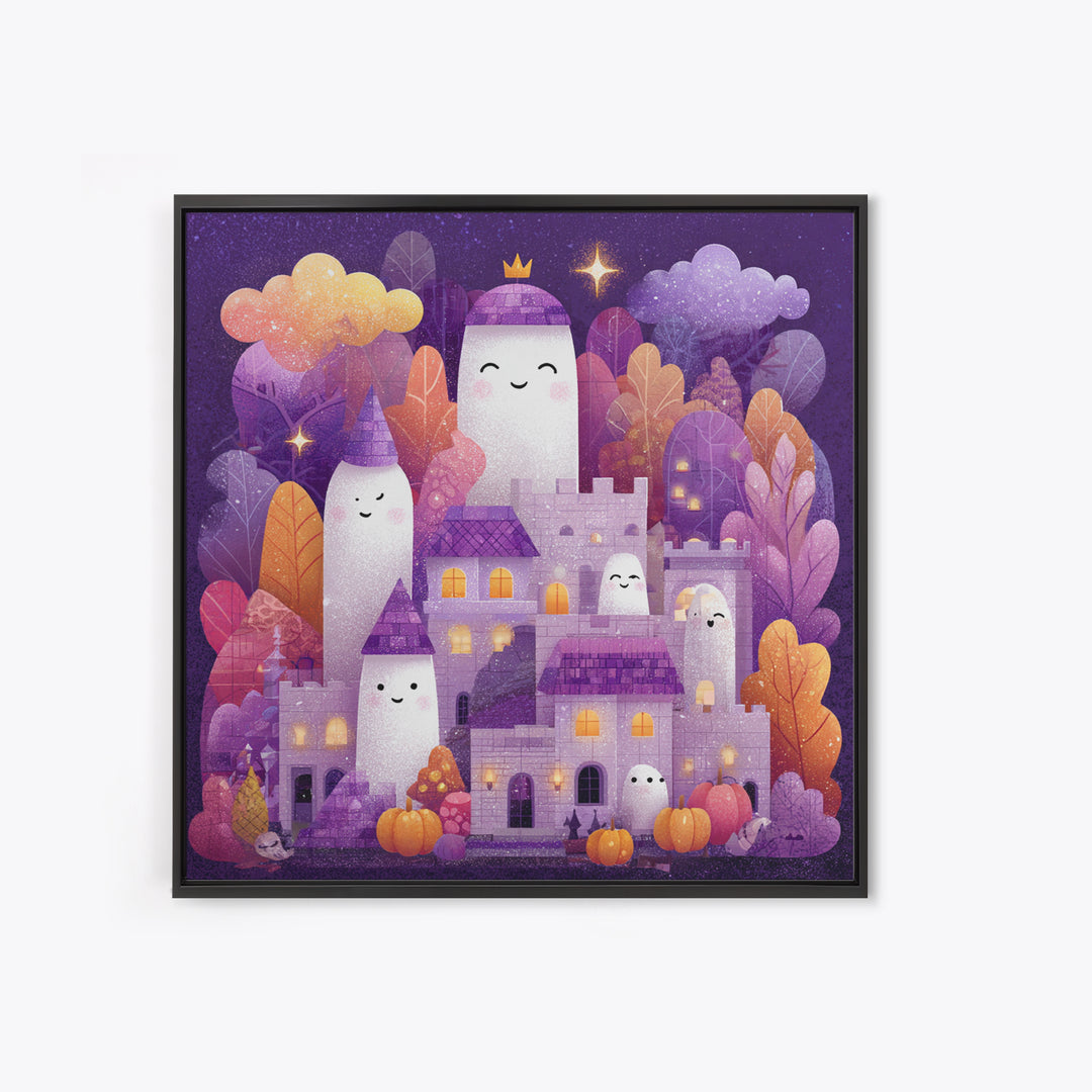 The Halloween Cloud Castle, Stained Glass Halloween, Square Wall Art, Canvas Print, Cute Halloween Wall Art