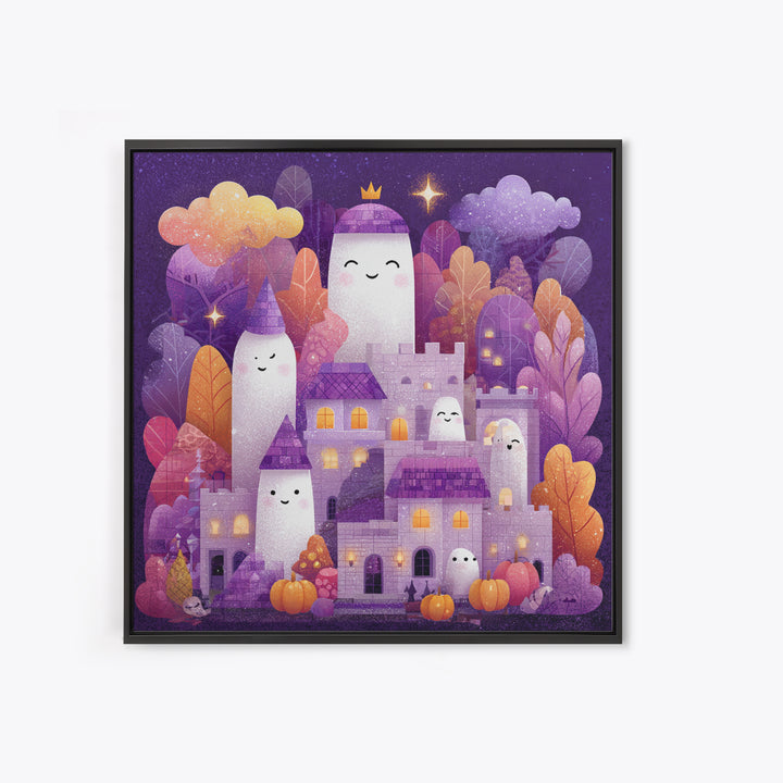 The Halloween Cloud Castle, Stained Glass Halloween, Square Wall Art, Canvas Print, Cute Halloween Wall Art