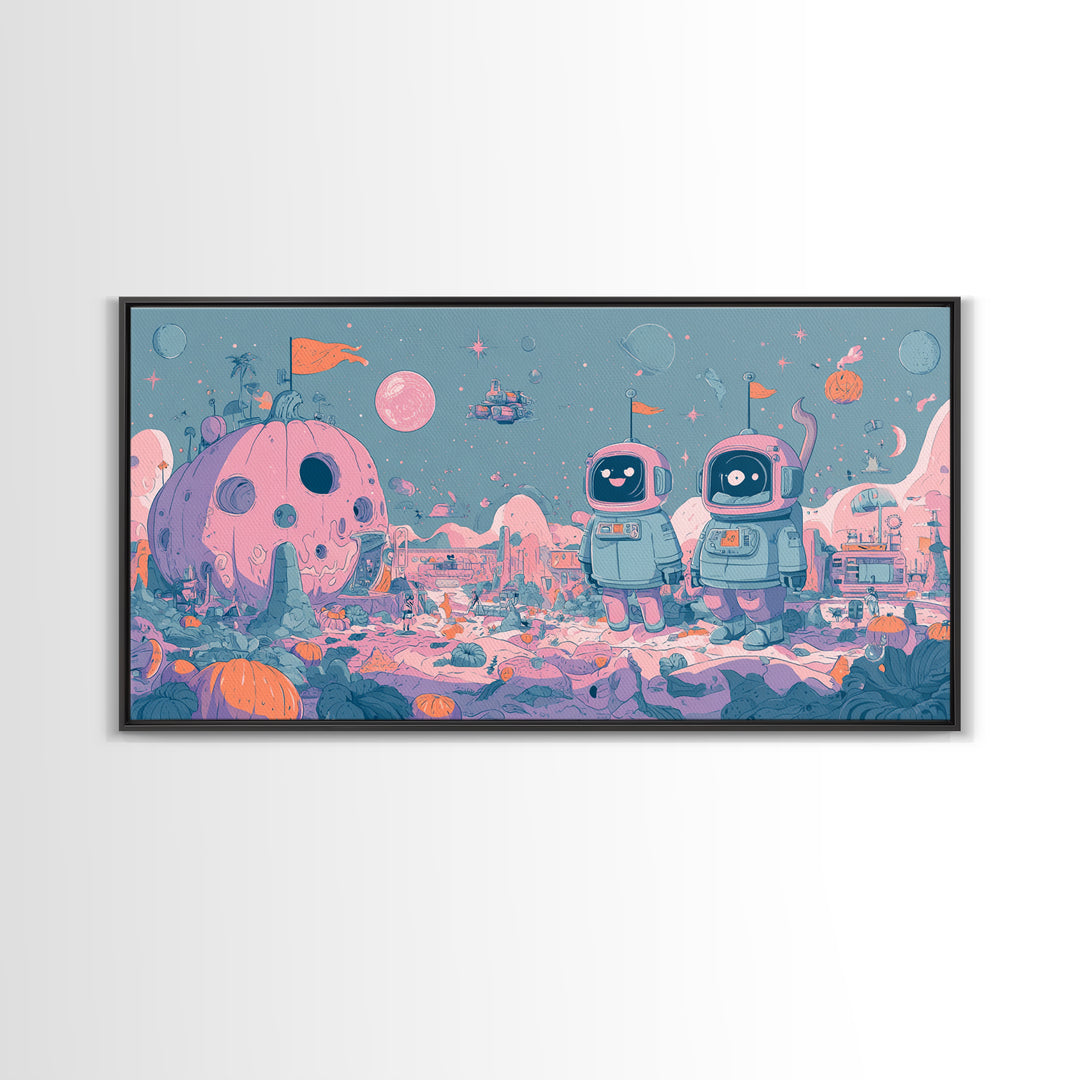 The Pumpkin Moon Expedition, Vaporwave Halloween Art, Wide Panoramic Art, Framed Canvas Print, Cute Halloween Wall Art