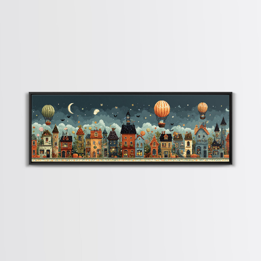 The Ghost Balloon City, Pixel Halloween Art, Extra Wide Wall Art, Canvas Print, Cute Halloween Wall Art