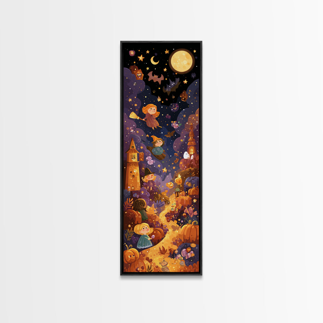 The Candy Comet Adventure, Vector Halloween Art, Tall Narrow Wall Art, Framed Canvas Print, Cute Halloween Wall Art