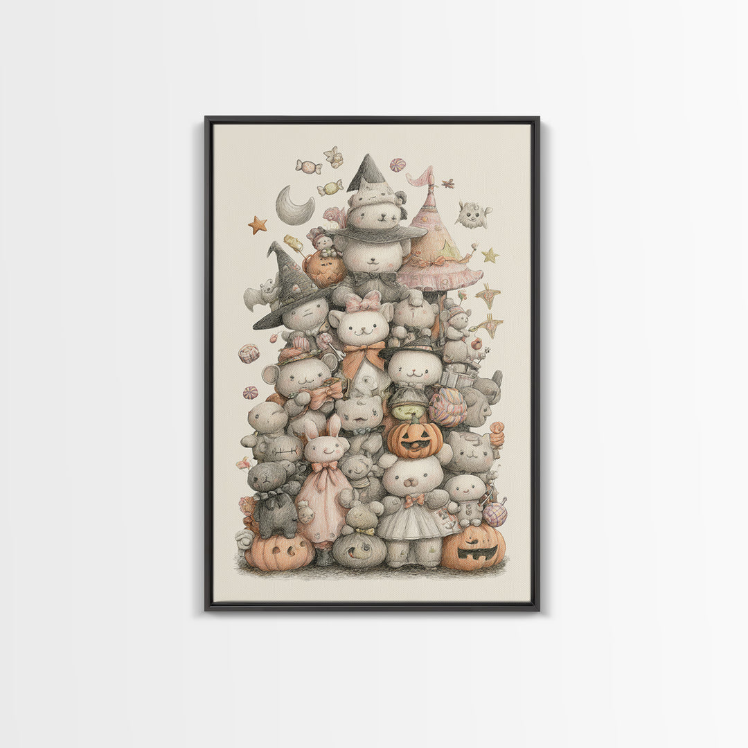 The Halloween Toy Kingdom, Hand Sketch Halloween Art, Vertical Wall Art, Canvas Print, Cute Halloween Wall Art