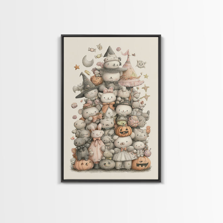 The Halloween Toy Kingdom, Hand Sketch Halloween Art, Vertical Wall Art, Canvas Print, Cute Halloween Wall Art