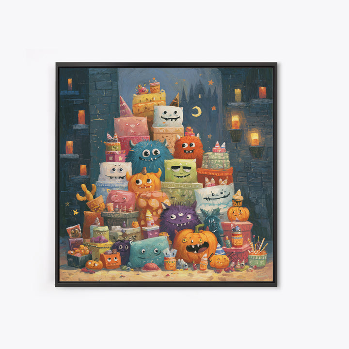 The Great Monster Pajama Party, Gouache Halloween Art, Square Wall Art, Canvas Print, Cute Halloween Wall Art