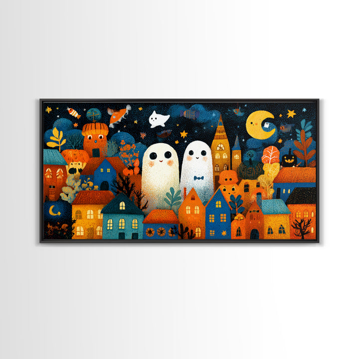 The Rainbow Halloween Night, Crayon Halloween Art, Wide Panoramic Art, Framed Canvas Print, Cute Halloween Wall Art