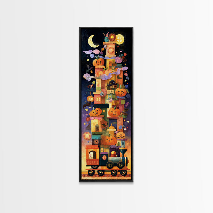The Trick-Or-Treat Express, Paper Collage Halloween, Tall Narrow Wall Art, Framed Canvas Print, Cute Halloween Wall Art
