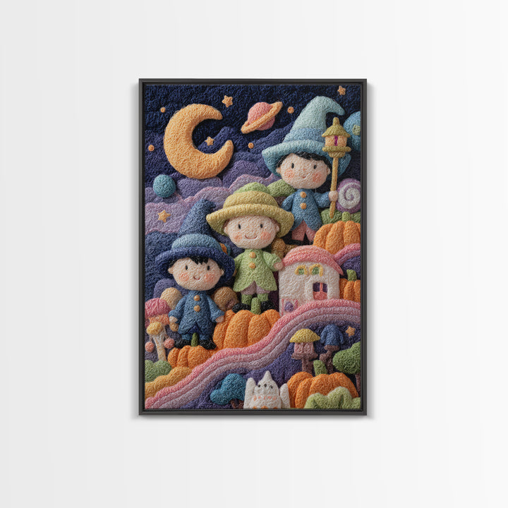 The Parade Across The Stars, Felt Halloween Art, Vertical Wall Art, Canvas Print, Cute Halloween Wall Art