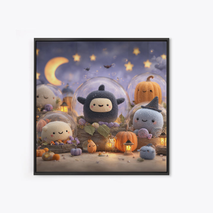 The Halloween Bubble Village, Plush Halloween Art, Square Wall Art, Canvas Print, Cute Halloween Wall Art