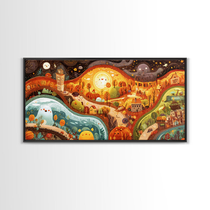 The World Inside A Lantern, Kawaii Halloween Art, Wide Panoramic Art, Framed Canvas Print, Cute Halloween Wall Art